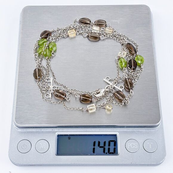 Vintage Sterling Silver Peridot Smoky Quartz Citrine Layered Necklace 17"-19" - Picture 4 of 4